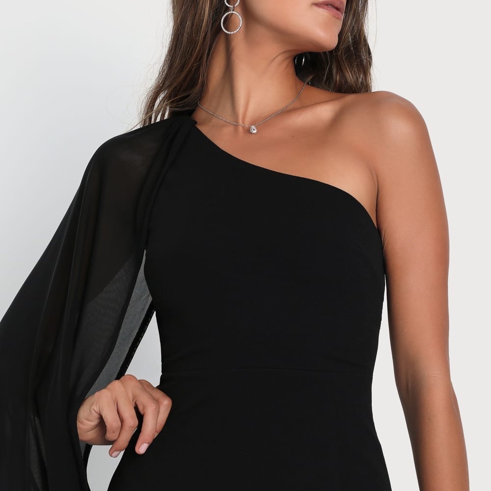 Lulus Majestic Attitude Black Cape Sleeve One-Shoulder Maxi Dress size M new - Picture 4 of 6